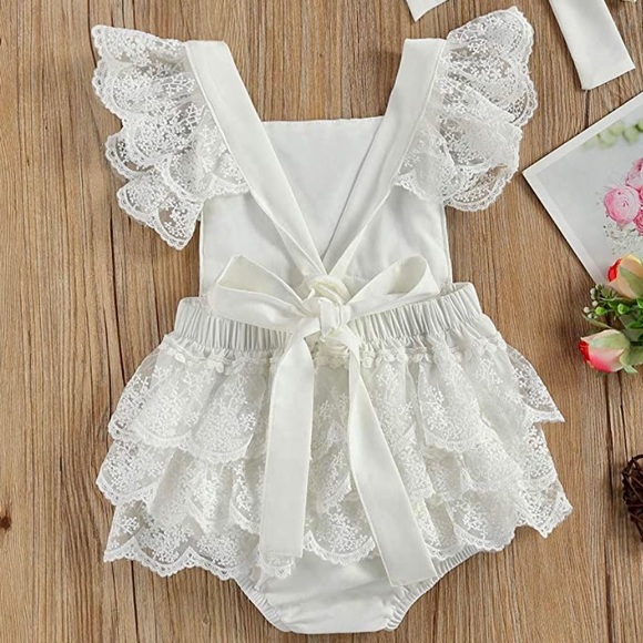 Baby Girl Lace Ruffle Sleeve Backless tie back white Bodysuit— photoshoot romper - Picture 3 of 6